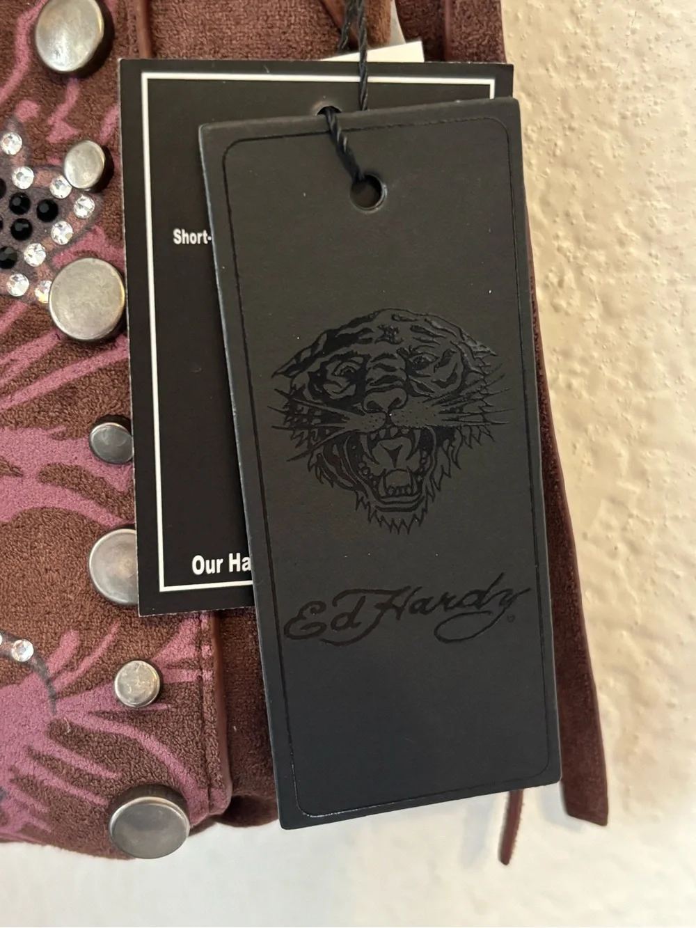 Ed Hardy Brown Suede Crossbody with Rhinestone Cross